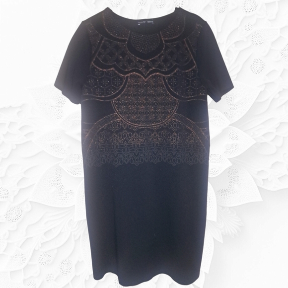 Zara Black Short Sleeved Shift Dress With Metallic Copper Design - Picture 4 of 4